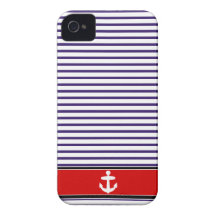 White Anchor on red and Navy Blue Sailor Stripes iPhone 4 Cases