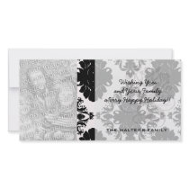 white and black romantic damask design customised photo card
