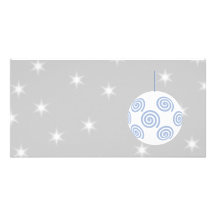 White and Blue Christmas Bauble. On Starry Grey. Photo Card
