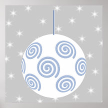 White and Blue Christmas Bauble. On Starry Grey. Posters