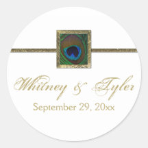 White and Gold Peacock Feather Wedding Sticker