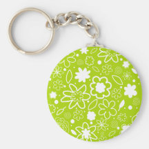 White and Lime Green Floral Pattern Keychains