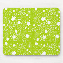 White and Lime Green Floral Pattern Mousepads