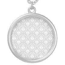 White and Pastel Grey Damask Design. Personalized Necklace