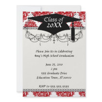 white and red romance damask pattern graduation invites