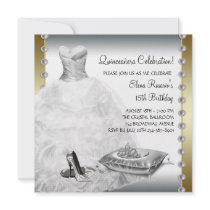 White Ball Gown High Heel Shoes White Quinceanera Personalized Invitation