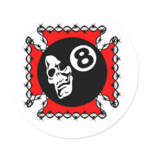 White Barbwire Ironcross Skull 8Ball Round Sticker