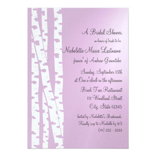 White Birch Tree Bridal Shower Lavender Personalised Invite