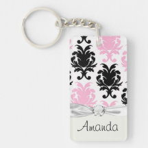 white black pink lovely bold damask rectangle acrylic key chains