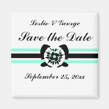 White, black, turquoise, Floral bow Save the Date  Refrigerator Magnet