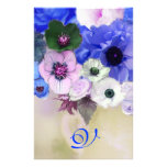 WHITE BLUE  ROSES AND ANEMONE FLOWERS MONOGRAM CUSTOMIZED STATIONERY