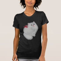 White cat with red ribbon t-shirts