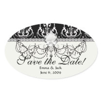 white chadelier on black modern damask design oval sticker