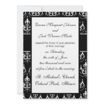 white chadelier on black modern damask personalised invitations