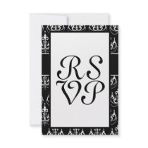 white chadelier on black modern damask personalised invite
