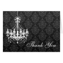 White Chandelier Black Damask Thank You Note Greeting Cards