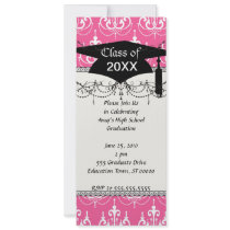 white chandelier chic pink damask graduation custom announcements