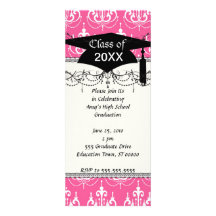 white chandelier chic pink damask graduation custom announcements