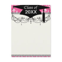 white chandelier chic pink damask graduation postcards