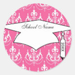 white chandelier chic pink damask graduation round sticker