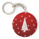 White Christmas Tree with Stars on Red. Key Chain