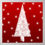 White Christmas Tree with Stars on Red. Print