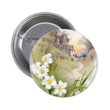 White Daffodils Vintage Easter Pinback Button