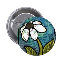 White Daisy on Blue Background - Collage Pinback Button
