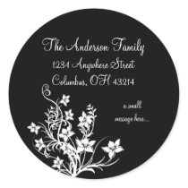 White Floral Design on Black Return Address Labels Round Stickers