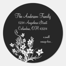 White Floral Design on Black Return Address Labels Round Stickers