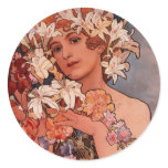 White flower lady - Mucha Round Sticker