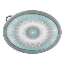 White flower on blue kaleidoscope belt buckles
