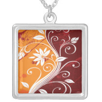 White Flowers on Orange and Burgundy Grunge Custom Jewelry