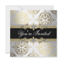 White Gold Black Damask Party Invitations