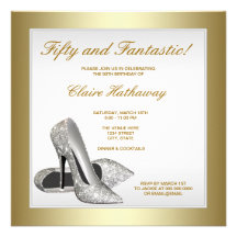 White Gold High Heels Womans 50th Brithday Personalized Announcements