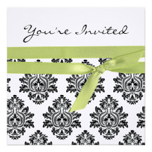 White & Green linen Damask baby shower invite