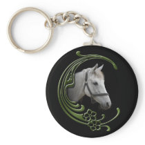 White Horse Portrait Floral Swirls Decor Keychain