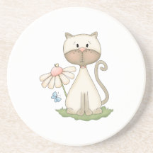 White Kitty w/ Flower Beverage Coaster