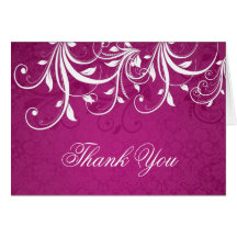 White leafy swirls on magenta Wedding Thank You Card