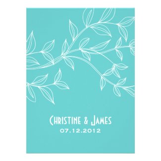 White leaves on aqua, subtle wedding invitation