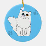 White Odd-Eyed Persian / Longhaired Cat Pawprints Christmas Ornaments