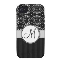 White on Black Damask and Stripes with Monogram Case-Mate iPhone 4 Cases