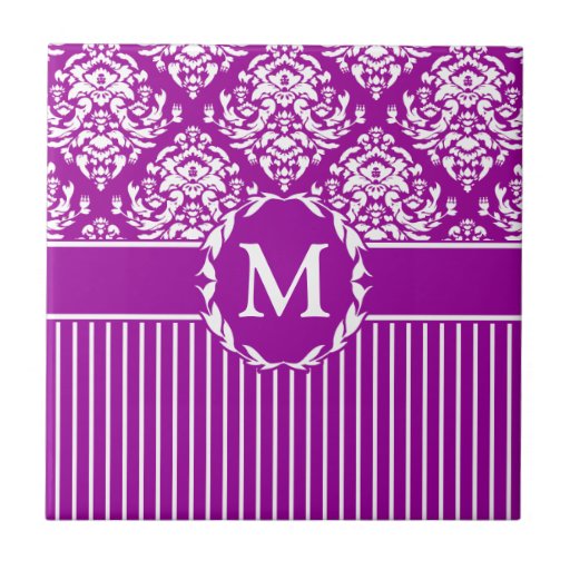 White on Purple Damask Ceramic Tiles