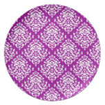 White on Purple Damask Dinner Plates