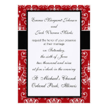 white on red swirl chandelier heart damask design custom invitations