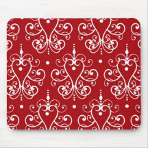 white on red swirl chandelier heart damask mouse mat