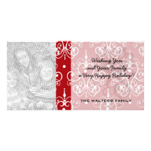 white on red swirl chandelier heart damask personalized photo card