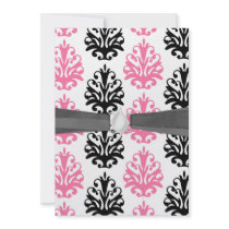 white pink and black chic damask invitations