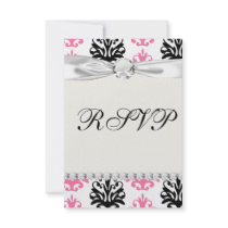 white pink and black chic damask custom invitation