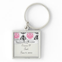 white pink and black chic damask keychains